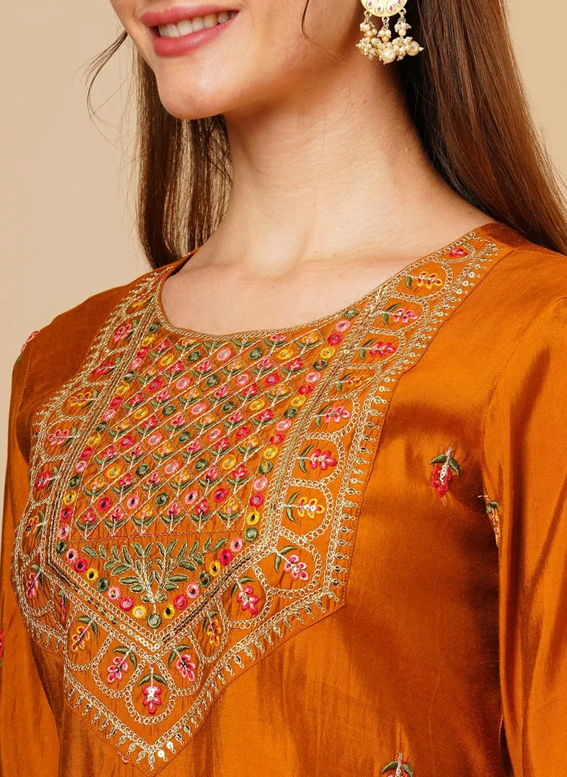 globus Mustard Globus Women Floral Embroidered Sequinned Straight Kurta With Sharara & Dupatta Festive Set for Women | Best Price UAE